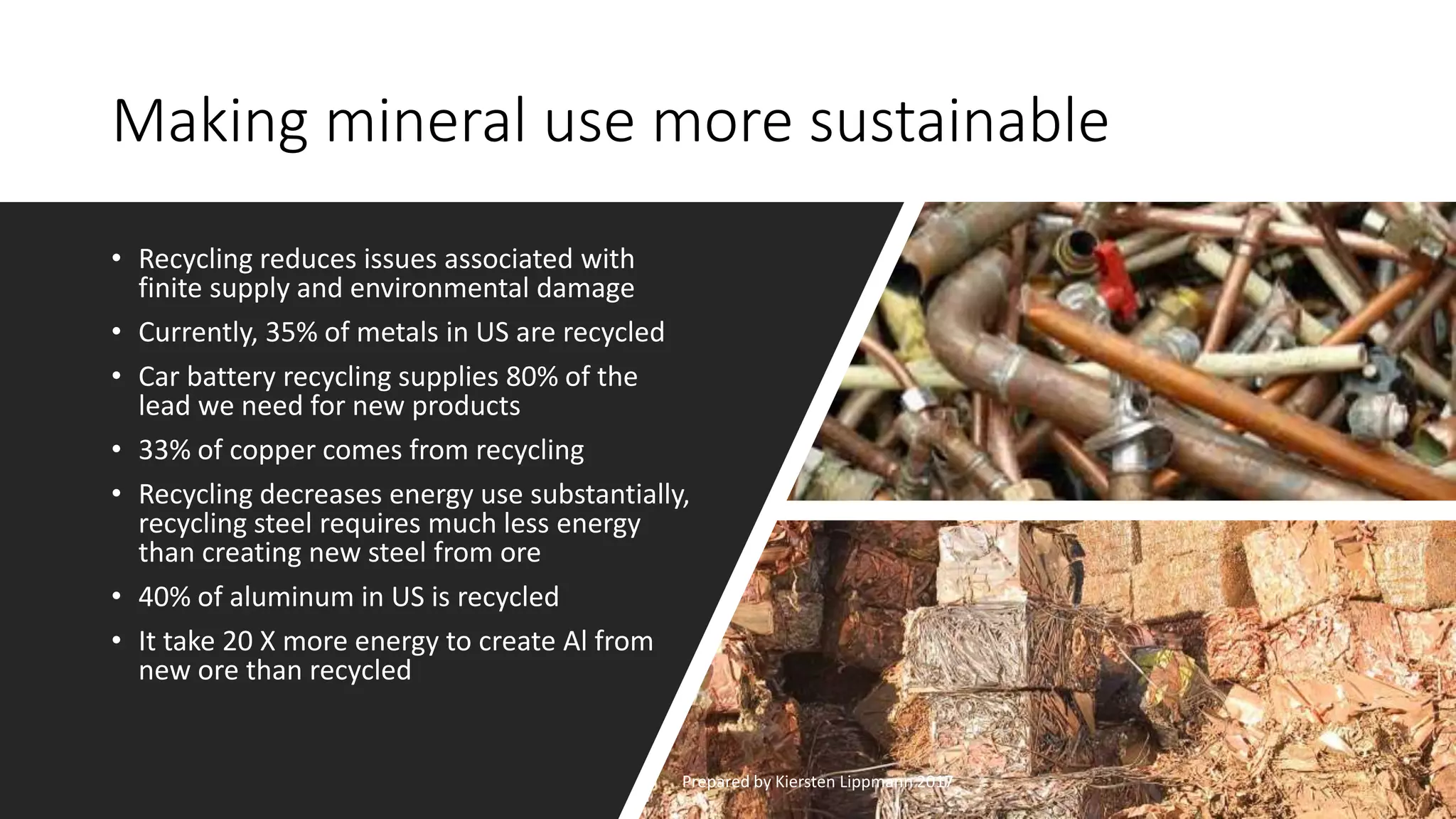 Making mineral use more sustainable
• Recycling reduces issues associated with
finite supply and environmental damage
• Currently, 35% of metals in US are recycled
• Car battery recycling supplies 80% of the
lead we need for new products
• 33% of copper comes from recycling
• Recycling decreases energy use substantially,
recycling steel requires much less energy
than creating new steel from ore
• 40% of aluminum in US is recycled
• It take 20 X more energy to create Al from
new ore than recycled
Prepared by Kiersten Lippmann 2017
 