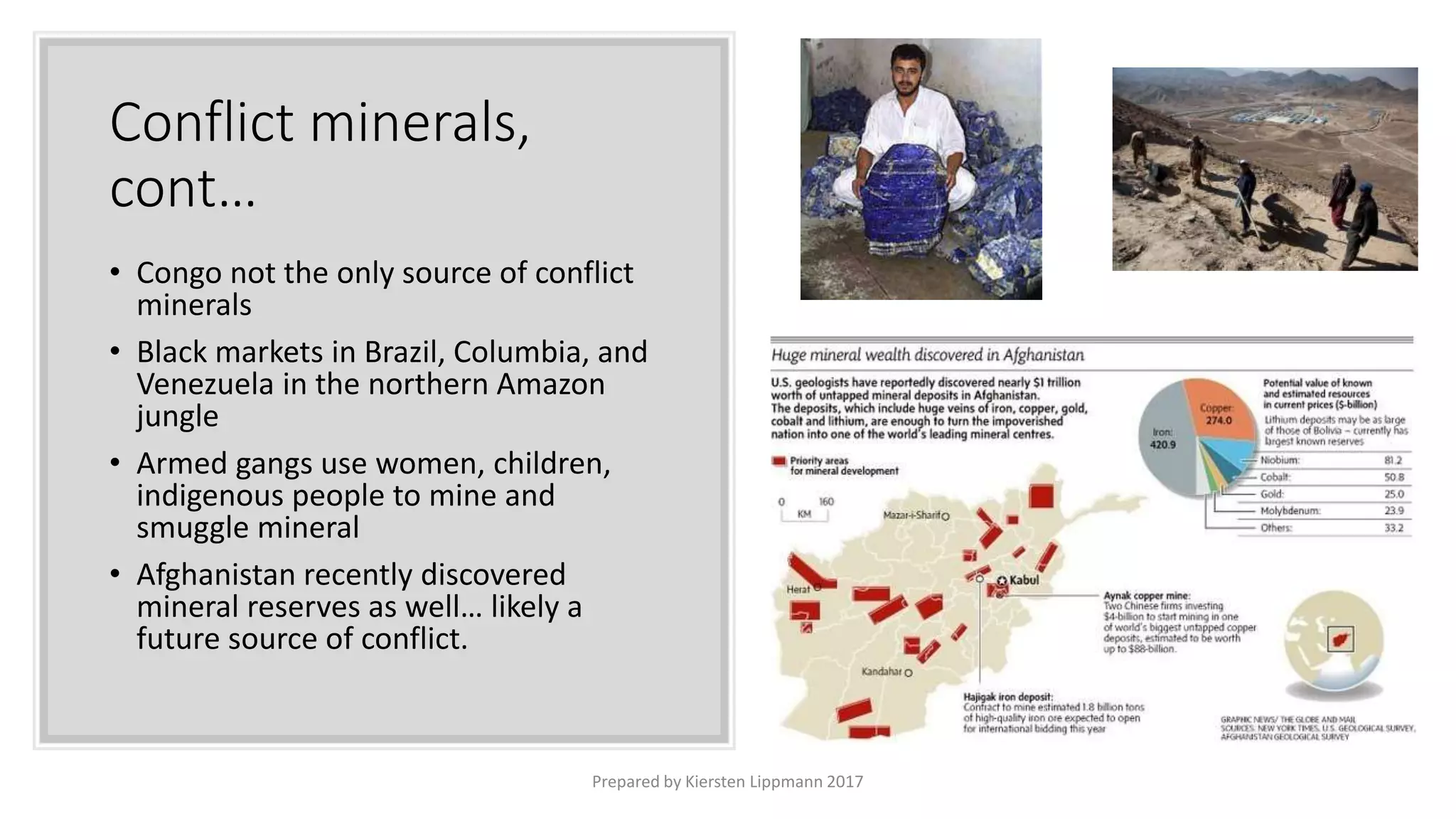 Conflict minerals,
cont…
• Congo not the only source of conflict
minerals
• Black markets in Brazil, Columbia, and
Venezuela in the northern Amazon
jungle
• Armed gangs use women, children,
indigenous people to mine and
smuggle mineral
• Afghanistan recently discovered
mineral reserves as well… likely a
future source of conflict.
Prepared by Kiersten Lippmann 2017
 