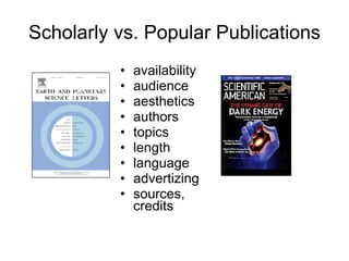 Scholarly vs. Popular Publications availability audience aesthetics authors topics length language advertizing sources, credits 