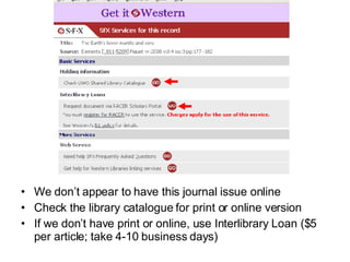 We don’t appear to have this journal issue online Check the library catalogue for print or online version If we don’t have print or online, use Interlibrary Loan ($5 per article; take 4-10 business days) 