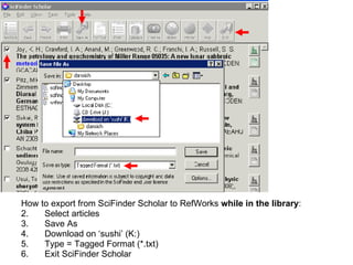 How to export from SciFinder Scholar to RefWorks  while in the library : Select articles Save As Download on ‘sushi’ (K:) Type = Tagged Format (*.txt) Exit SciFinder Scholar 