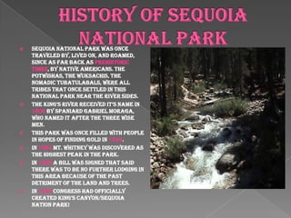 History of Sequoia National ParkSequoia National Park was once traveled by, lived on, and roamed, since as far back as prehistoric times, by Native Americans. The Potwishas, the Wuksachis, the nomadic Tubatulabals, were all tribes that once settled in this national park near the river sides.The King’s River received it’s name in 1806 by Spaniard Gabriel Moraga, who named it after the three wise men. This park was once filled with people in hopes of finding gold in 1849.In 1864 Mt. Whitney was discovered as the highest peak in the park.In 1980 a bill was signed that said there was to be no further lodging in this area because of the past detriment of the land and trees.In 1940 congress had officially created King’s Canyon/Sequoia Nation Park!