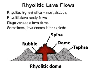 Rhyolitic Lava Flows
•   Rhyolite; highest silica – most viscous.
•   Rhyolitic lava rarely flows
•   Plugs vent as a lava dome
•   Sometimes, lava domes later explode




                                               Chapter 9
 