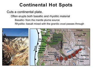 Continental Hot Spots
•   Cuts a continental plate.
    •   Often erupts both basaltic and rhyolitic material
         • Basaltic- from the mantle plume source
         • Rhyolitic- basalt mixed with the granitic crust passes through




                                                                            Chapter 9
 