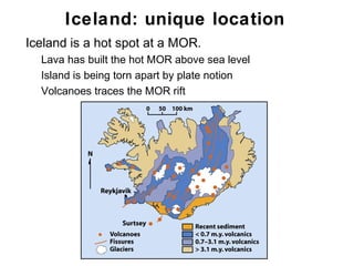 Iceland: unique location
•   Iceland is a hot spot at a MOR.
    •   Lava has built the hot MOR above sea level
    •   Island is being torn apart by plate notion
    •   Volcanoes traces the MOR rift




                                                     Chapter 9
 