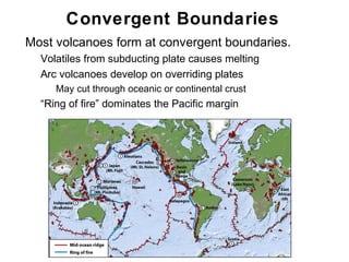 Convergent Boundaries
•   Most volcanoes form at convergent boundaries.
    •   Volatiles from subducting plate causes melting
    •   Arc volcanoes develop on overriding plates
         • May cut through oceanic or continental crust
    •   “Ring of fire” dominates the Pacific margin




                                                          Chapter 9
 