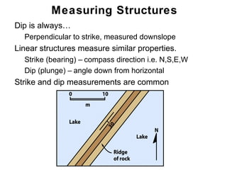 Measuring Structures
• Dip is always…
   • Perpendicular to strike, measured downslope
• Linear structures measure similar properties.
   • Strike (bearing) – compass direction i.e. N,S,E,W
   • Dip (plunge) – angle down from horizontal
• Strike and dip measurements are common




                                                         Chapter
                                                             11
 