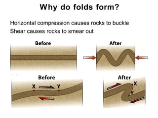 Why do folds form?
• Horizontal compression causes rocks to buckle
• Shear causes rocks to smear out




                                                  Chapter
                                                      11
 