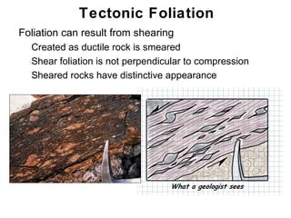 Tectonic Foliation
• Foliation can result from shearing
   • Created as ductile rock is smeared
   • Shear foliation is not perpendicular to compression
   • Sheared rocks have distinctive appearance




                                                           Chapter
                                                               11
 