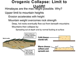 Orogenic Collapse: Limit to
•
                         Uplift!
    Himalayas are the max height possible. Why?
• Upper limit to mountain heights
    • Erosion accelerates with height
    • Mountain weight overcomes rock strength
       • Deep, hot rocks eventually flow out from beneath mountains
       • Mountains then collapse by:
           • Spreading out at depth and by normal faulting at surface




                                                                        Chapter
                                                                            11
 