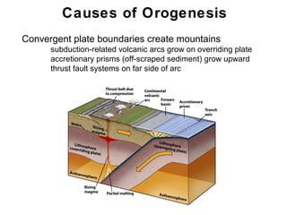 Causes of Orogenesis
Convergent plate boundaries create mountains
      subduction-related volcanic arcs grow on overriding plate
      accretionary prisms (off-scraped sediment) grow upward
      thrust fault systems on far side of arc




                                                                  Chapter
                                                                      11
 