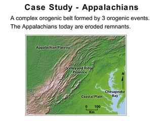 Case Study - Appalachians
• A complex orogenic belt formed by 3 orogenic events.
• The Appalachians today are eroded remnants.




                                                    Chapter
                                                        11
 