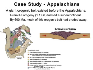 Case Study - Appalachians
• A giant orogenic belt existed before the Appalachians.
   • Grenville orogeny (1.1 Ga) formed a supercontinent.
   • By 600 Ma, much of this orogenic belt had eroded away.




                                                           Chapter
                                                               11
 