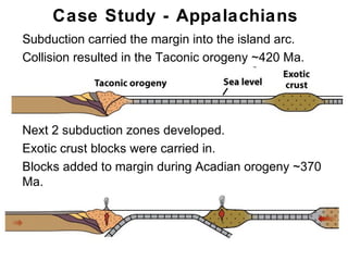 Case Study - Appalachians
• Subduction carried the margin into the island arc.
• Collision resulted in the Taconic orogeny ~420 Ma.




• Next 2 subduction zones developed.
• Exotic crust blocks were carried in.
• Blocks added to margin during Acadian orogeny ~370
  Ma.




                                                       Chapter
                                                           11
 
