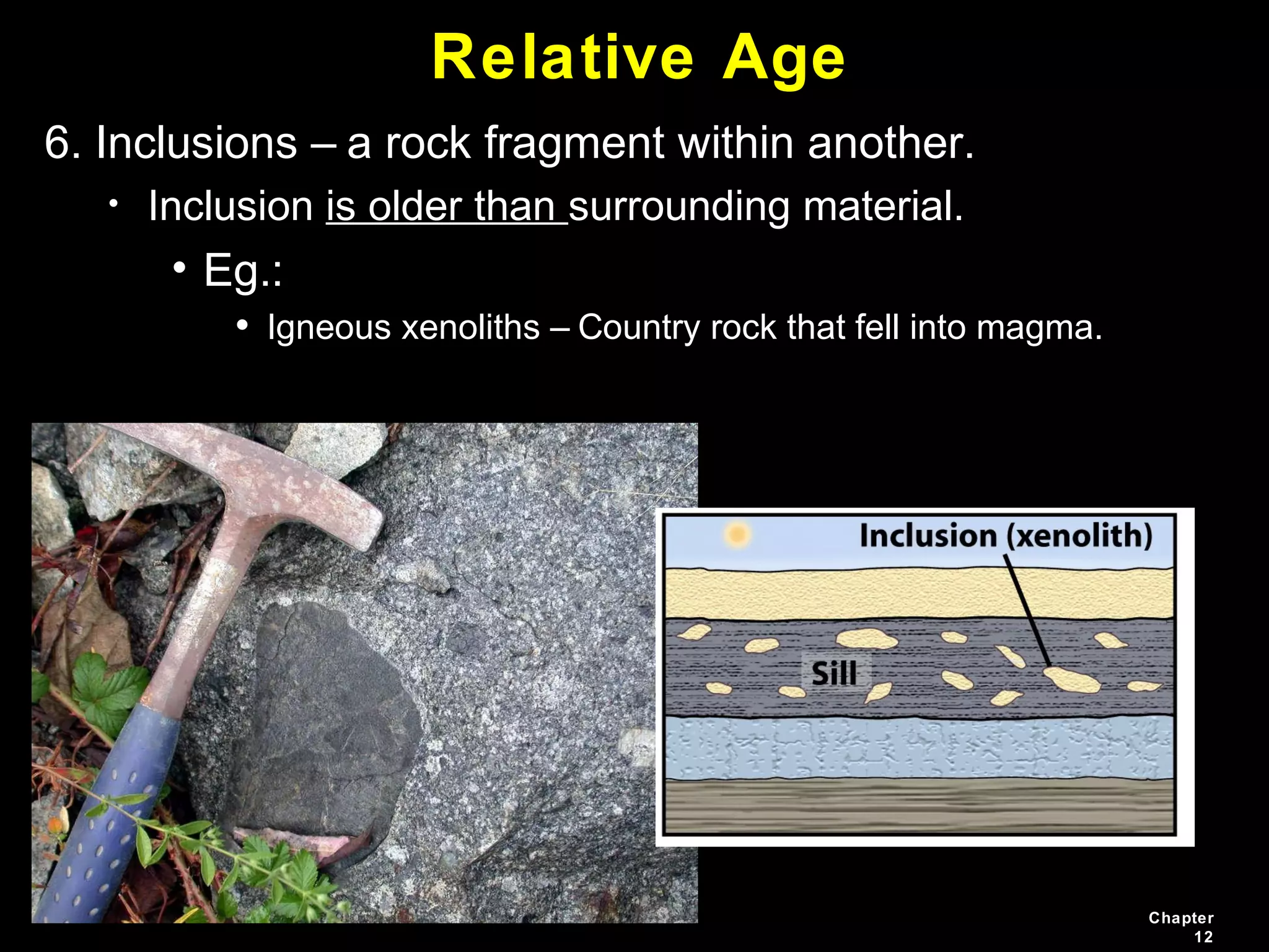 Chapter
12
Relative Age
6. Inclusions – a rock fragment within another.
• Inclusion is older than surrounding material.
• Eg.:
• Igneous xenoliths – Country rock that fell into magma.
 
