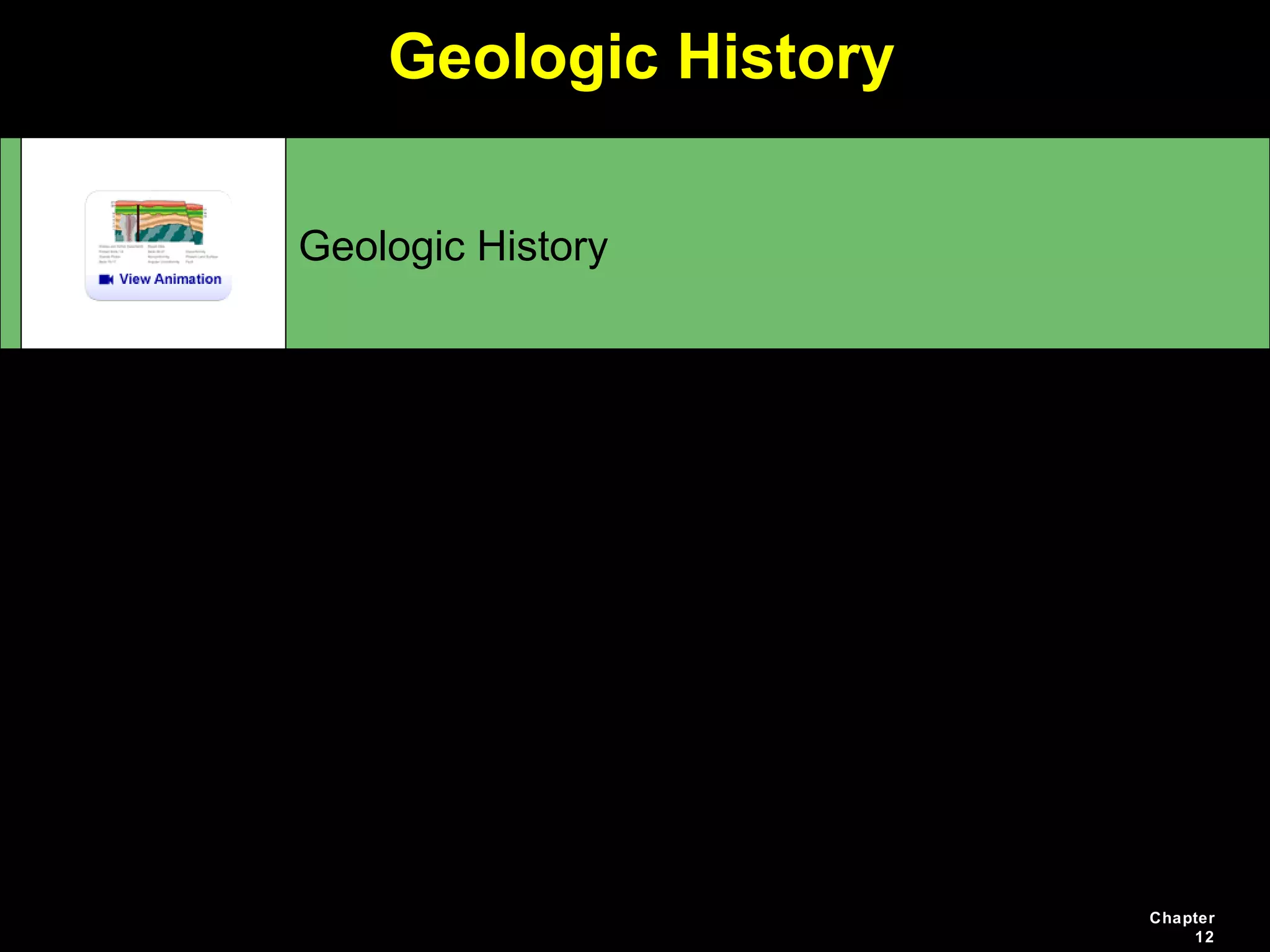 Chapter
12
Geologic History
A cross-section through the earth reveals the variety of
geologic features. View 1 of this animation identifies a
variety of geologic features; View 2 animates the sequence
of events that produced these features, and demonstrates
how geologists apply established principles to deduce
geologic history. For more information, see Section 12.4
Principles for Defining Relative Age starting on p.418 and
Figure 12.5 in your textbook.
Geologic History
 