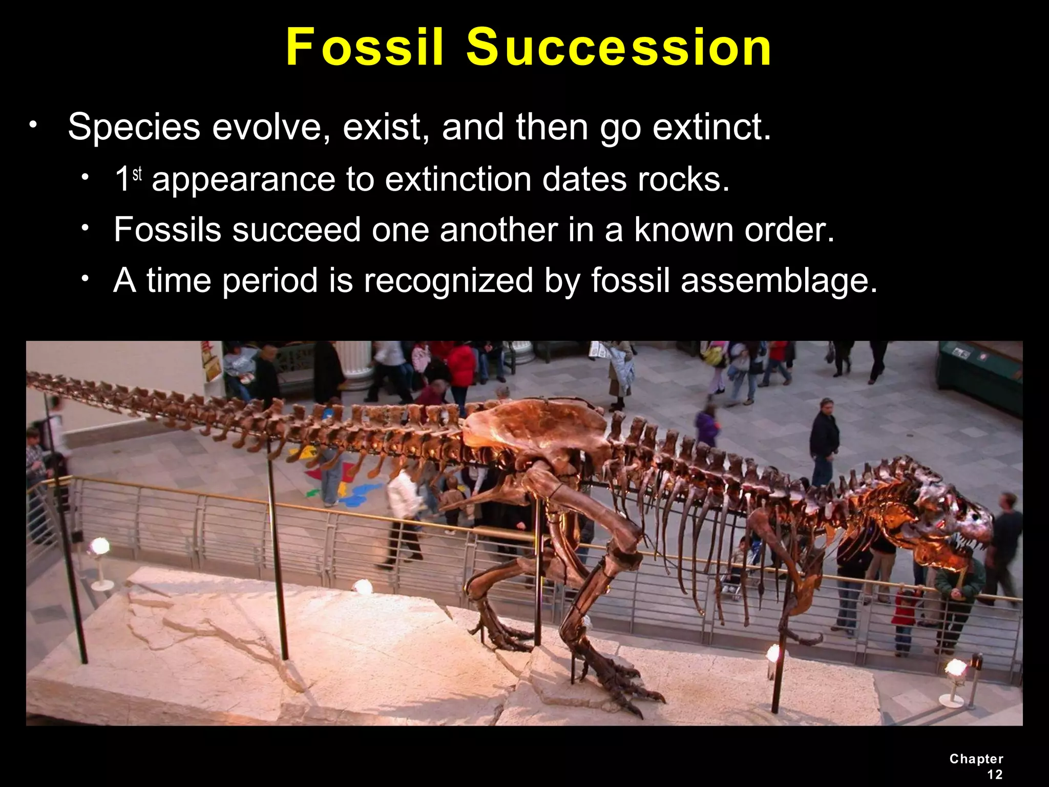 Chapter
12
Fossil Succession
• Species evolve, exist, and then go extinct.
• 1st
appearance to extinction dates rocks.
• Fossils succeed one another in a known order.
• A time period is recognized by fossil assemblage.
 