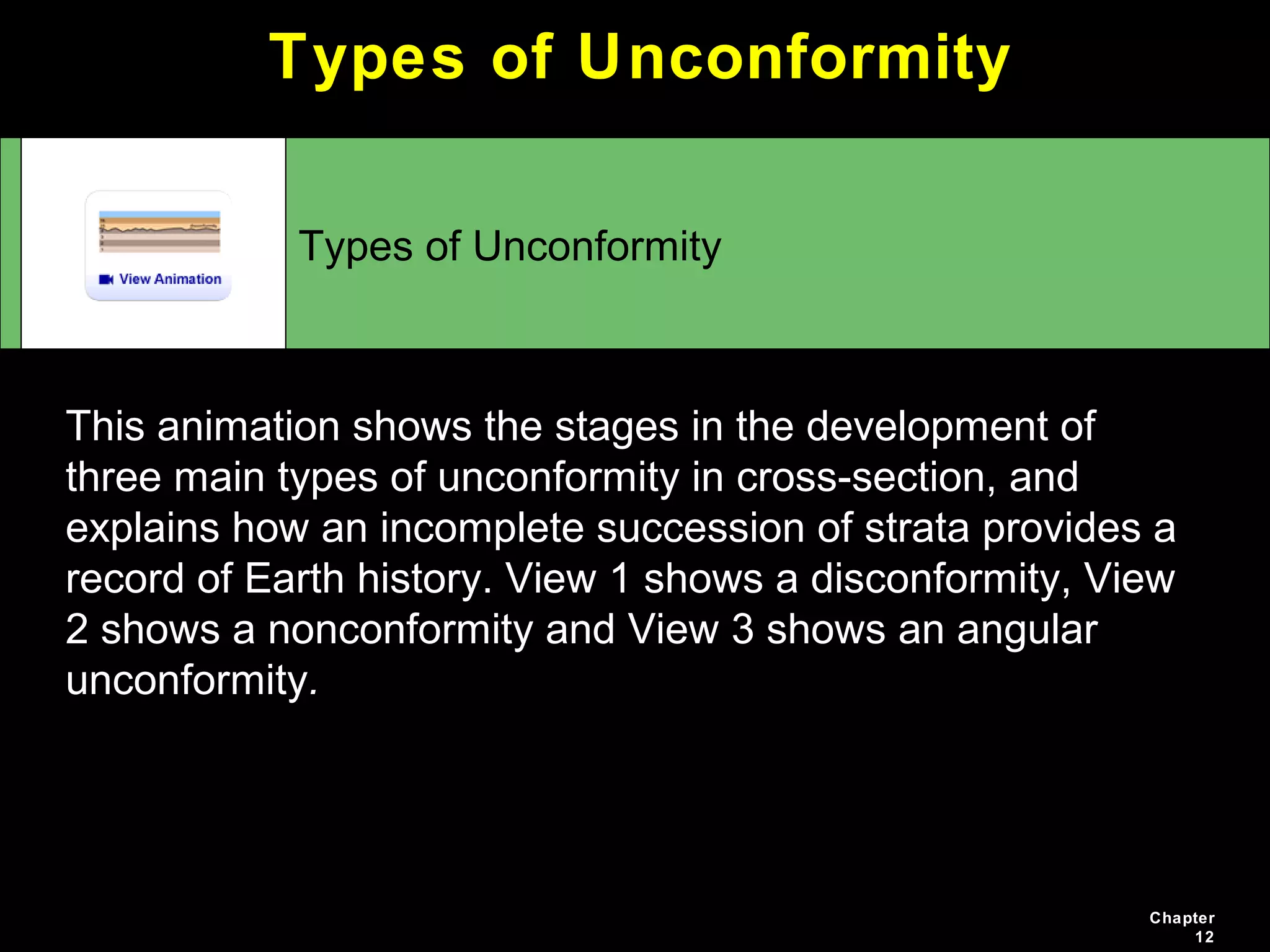 Chapter
12
Types of Unconformity
This animation shows the stages in the development of
three main types of unconformity in cross-section, and
explains how an incomplete succession of strata provides a
record of Earth history. View 1 shows a disconformity, View
2 shows a nonconformity and View 3 shows an angular
unconformity.
Types of Unconformity
 