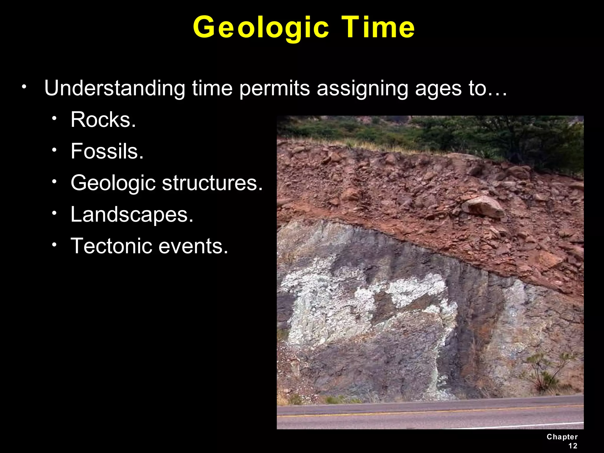 Chapter
12
Geologic Time
• Understanding time permits assigning ages to…
• Rocks.
• Fossils.
• Geologic structures.
• Landscapes.
• Tectonic events.
 