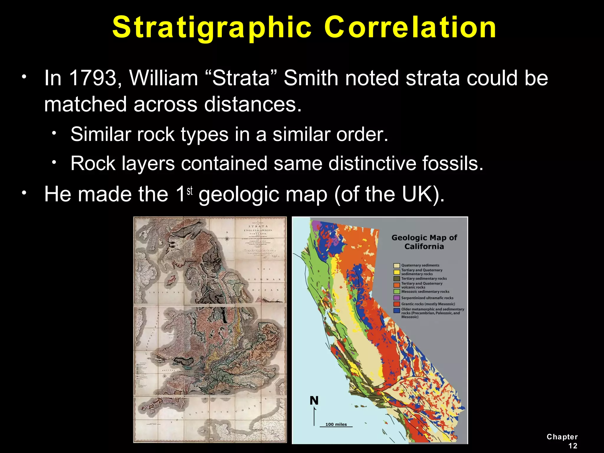 Chapter
12
Stratigraphic Correlation
• In 1793, William “Strata” Smith noted strata could be
matched across distances.
• Similar rock types in a similar order.
• Rock layers contained same distinctive fossils.
• He made the 1st
geologic map (of the UK).
 