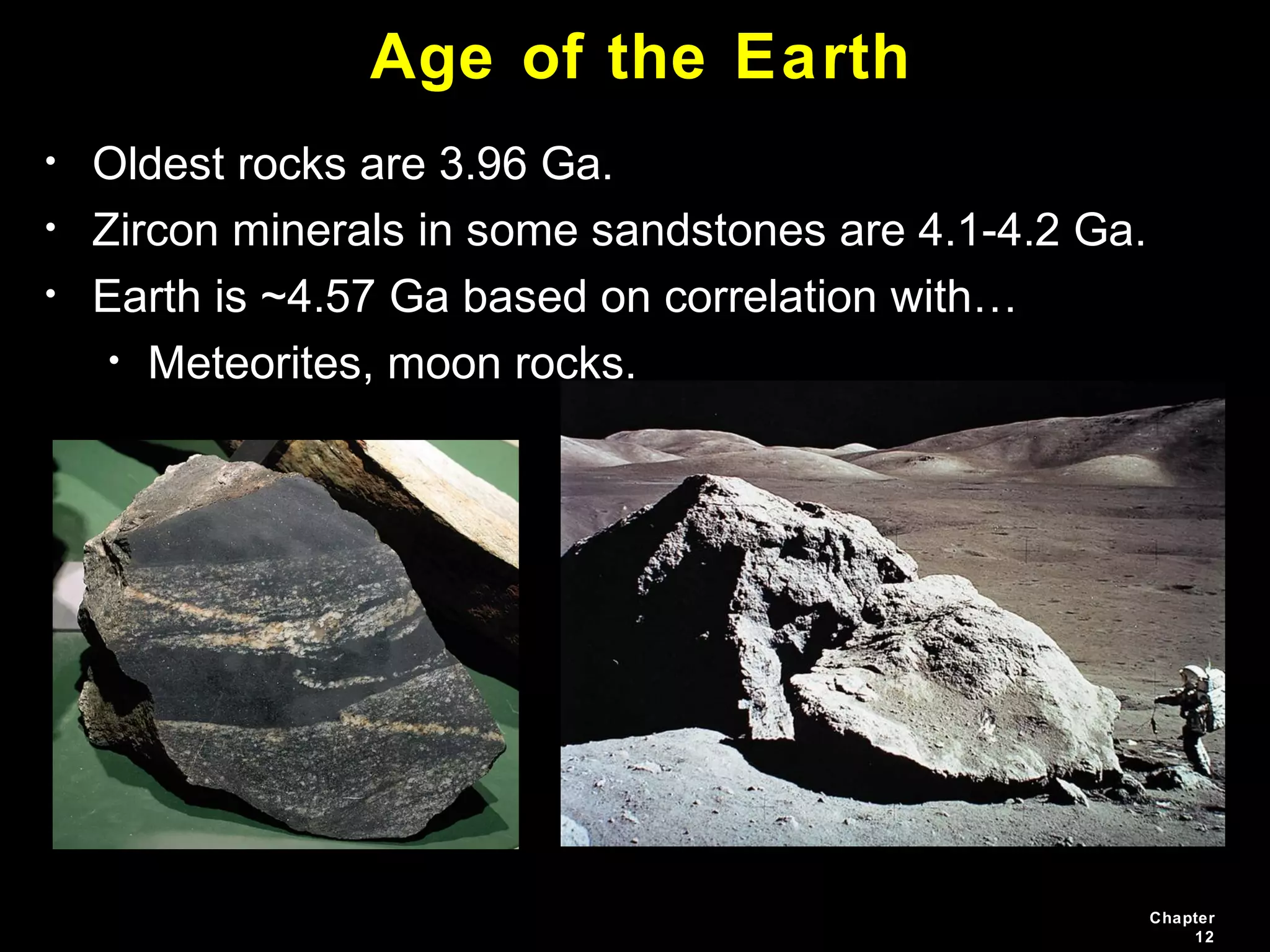 Chapter
12
Age of the Earth
• Oldest rocks are 3.96 Ga.
• Zircon minerals in some sandstones are 4.1-4.2 Ga.
• Earth is ~4.57 Ga based on correlation with…
• Meteorites, moon rocks.
 