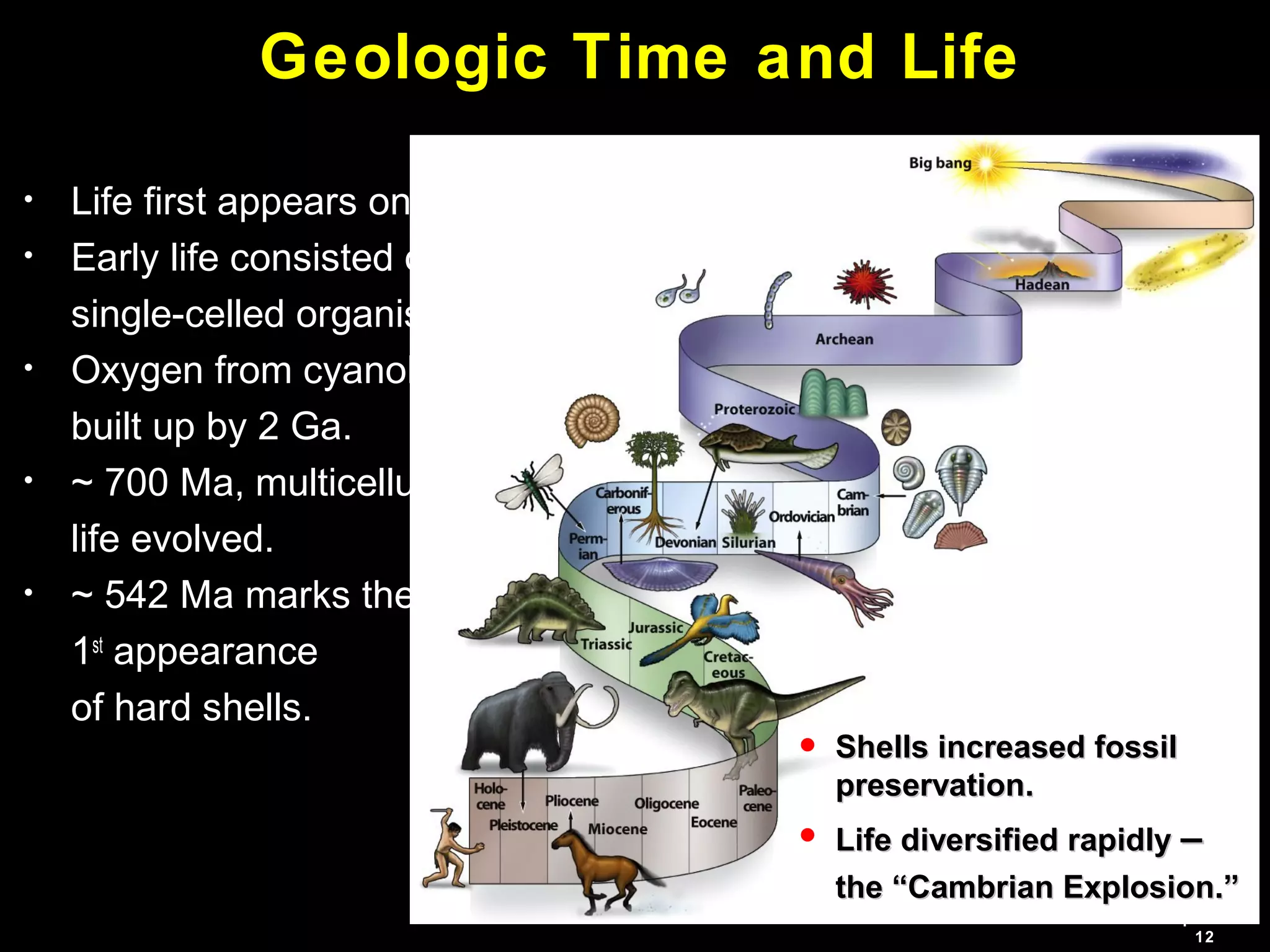 Chapter
12
Geologic Time and Life
• Life first appears on Earth ~ 3.8 Ga.
• Early life consisted of anaerobic
single-celled organisms.
• Oxygen from cyanobacteria
built up by 2 Ga.
• ~ 700 Ma, multicellular
life evolved.
• ~ 542 Ma marks the
1st
appearance
of hard shells.
 Shells increased fossilShells increased fossil
preservation.preservation.
 Life diversified rapidlyLife diversified rapidly ––
thethe “Cambrian Explosion.”“Cambrian Explosion.”
 