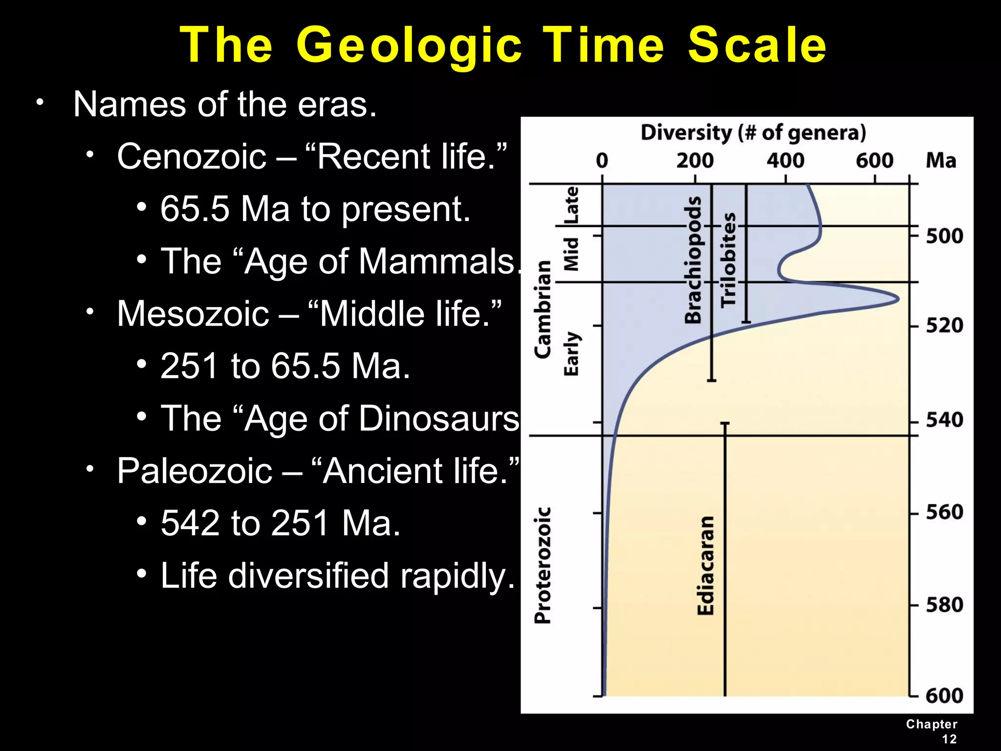 Chapter
12
The Geologic Time Scale
• Names of the eras.
• Cenozoic – “Recent life.”
• 65.5 Ma to present.
• The “Age of Mammals.”
• Mesozoic – “Middle life.”
• 251 to 65.5 Ma.
• The “Age of Dinosaurs.”
• Paleozoic – “Ancient life.”
• 542 to 251 Ma.
• Life diversified rapidly.
 
