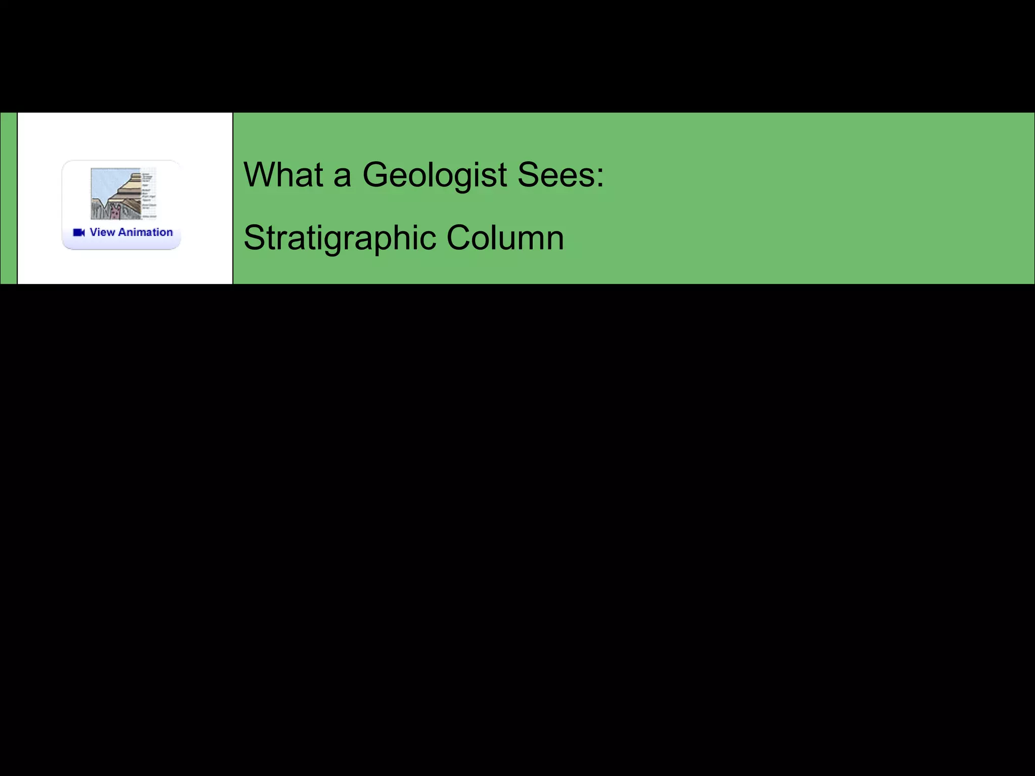 What a Geologist Sees:
Stratigraphic Column
The succession of rocks in the Grand Canyon can be
divided into formations based on notable changes in rock
type and changes in fossil assemblages. For more
information, see Section 12.6 Stratigraphic Formations and
Their Correlation starting on p.424 and Figure 12.11 on p.
429 in your textbook.
 