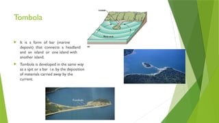 Tombola
 It is a form of bar (marine
deposit) that connects a headland
and an island or one island with
another island.
 Tombola is developed in the same way
as a spit or a bar i.e. by the deposition
of materials carried away by the
current.
 
