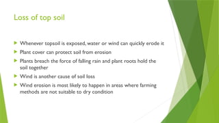 Loss of top soil
 Whenever topsoil is exposed, water or wind can quickly erode it
 Plant cover can protect soil from erosion
 Plants breach the force of falling rain and plant roots hold the
soil together
 Wind is another cause of soil loss
 Wind erosion is most likely to happen in areas where farming
methods are not suitable to dry condition
 