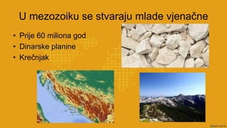 U mezozoiku se stvaraju mlade vjenačne
• Prije 60 miliona god
• Dinarske planine
• Krečnjak
 