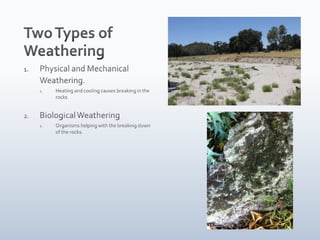 Two Types of WeatheringPhysical and Mechanical Weathering.Heating and cooling causes breaking in the rocksBiological WeatheringOrganisms helping with the breaking down of the rocks.