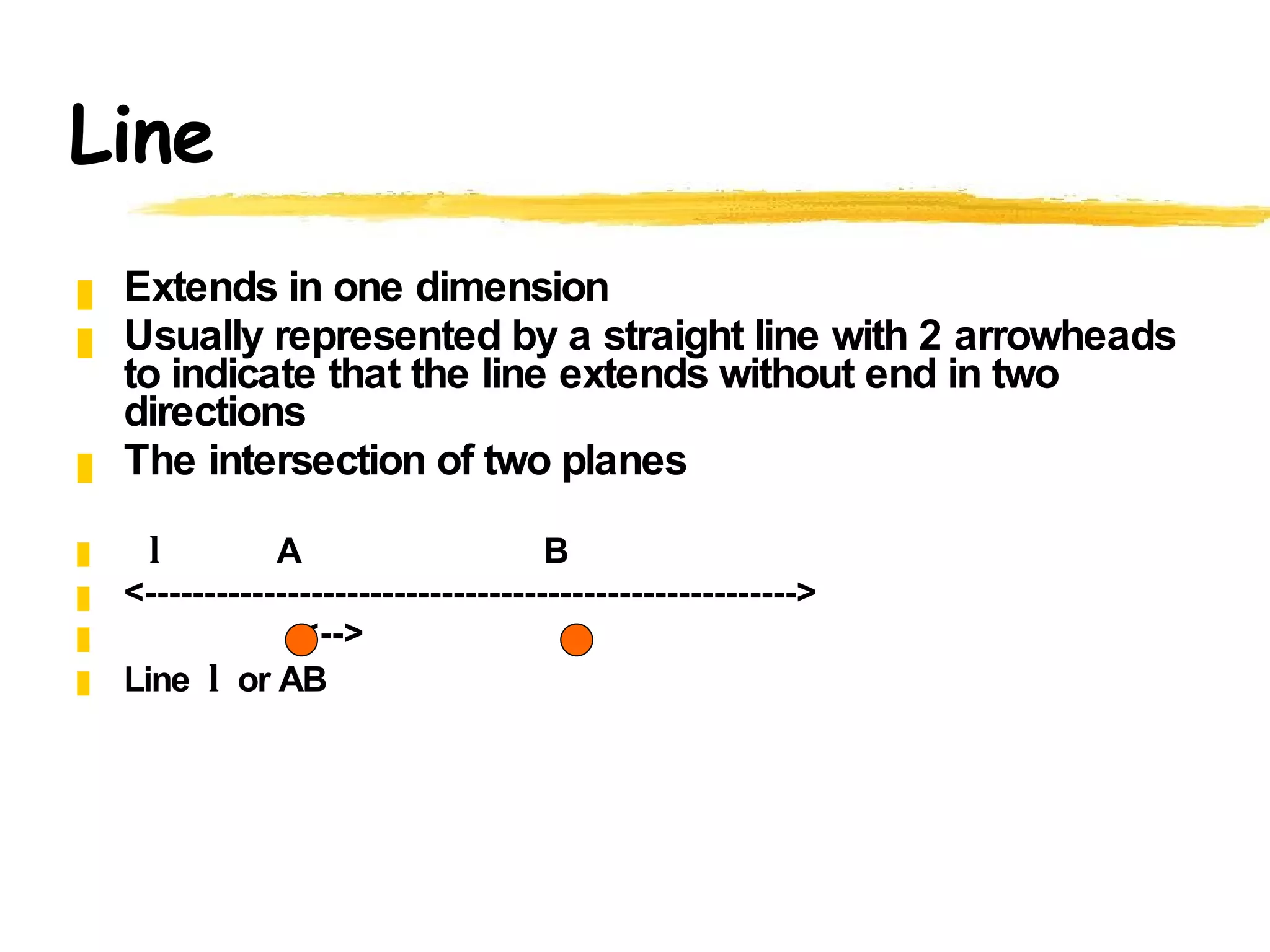 Line Extends in one dimension Usually represented by a straight line with 2 arrowheads to indicate that the line extends without end in two directions The intersection of two planes l  A  B <-------------------------------------------------------> <--> Line  l  or AB 