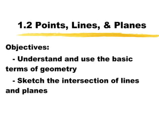 1.2 Points, Lines, & Planes Objectives: - Understand and use the basic terms of geometry - Sketch the intersection of lines and planes 