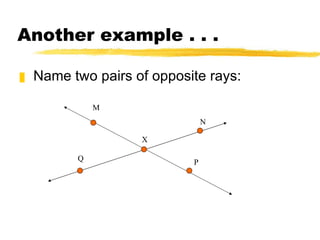 Another example . . . Name two pairs of opposite rays: X M N Q P 
