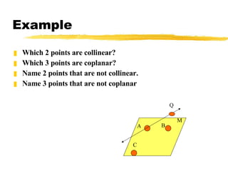 Example Which 2 points are collinear? Which 3 points are coplanar? Name 2 points that are not collinear. Name 3 points that are not coplanar Q A B C M 