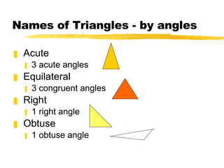 Names of Triangles - by angles Acute 3 acute angles Equilateral 3 congruent angles Right 1 right angle Obtuse 1 obtuse angle 