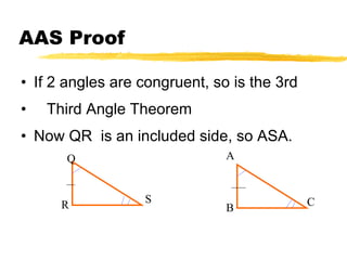AAS Proof If 2 angles are congruent, so is the 3rd Third Angle Theorem Now QR  is an included side, so ASA. A B C Q R S 