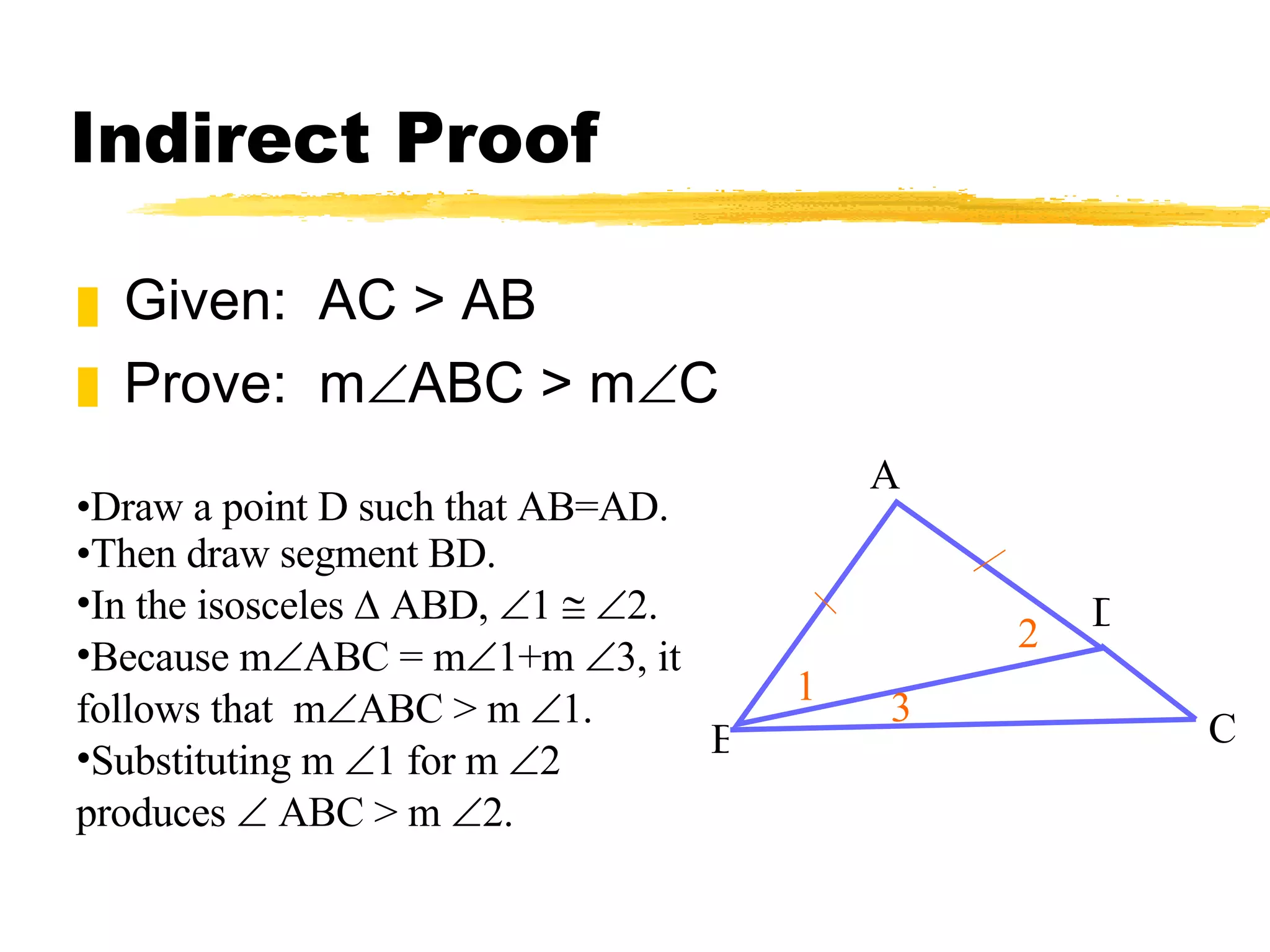 Indirect Proof Given: AC > AB Prove: m ABC > m C A B D C 1 2 3 Draw a point D such that AB=AD. Then draw segment BD. In the isosceles ∆ ABD, 1 2. Because m ABC = m 1+m 3, it follows that m ABC > m 1. Substituting m 1 for m 2 produces ABC > m 2.