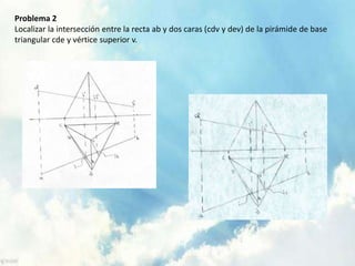 Problema 2 
Localizar la intersección entre la recta ab y dos caras (cdv y dev) de la pirámide de base 
triangular cde y vértice superior v. 
