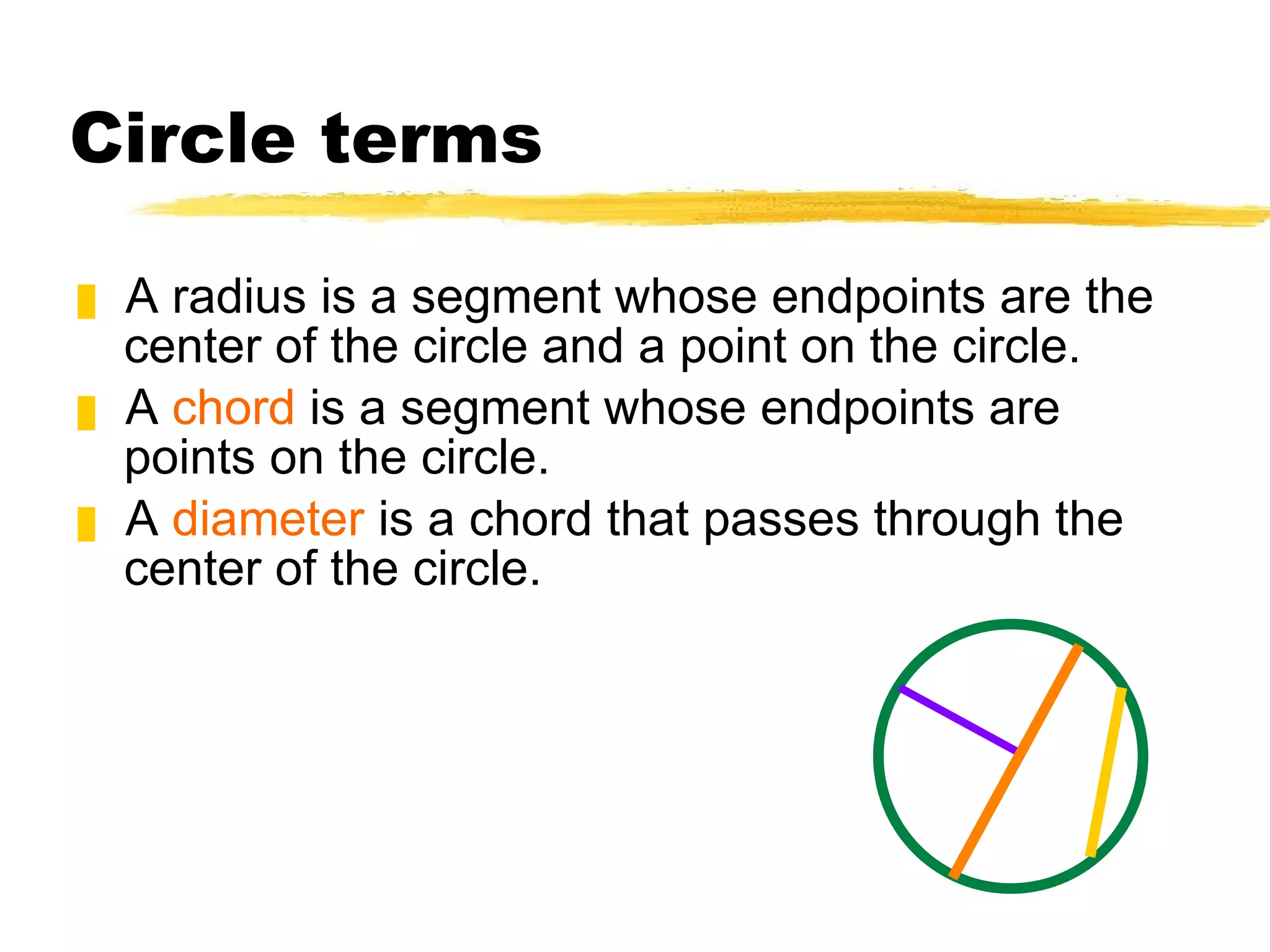 Circle terms A radius is a segment whose endpoints are the center of the circle and a point on the circle. A  chord  is a segment whose endpoints are points on the circle. A  diameter  is a chord that passes through the center of the circle. 