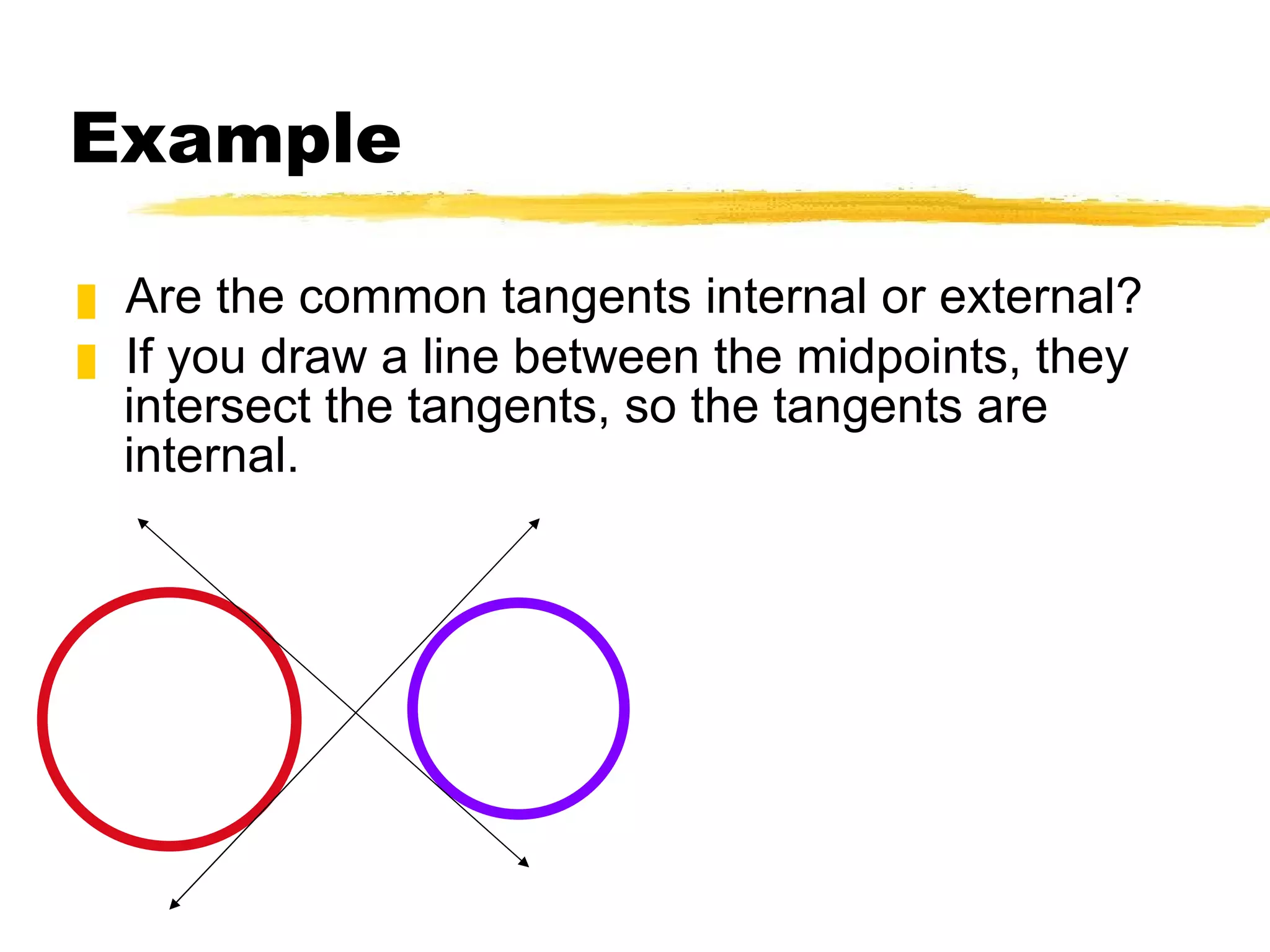 Example Are the common tangents internal or external? If you draw a line between the midpoints, they intersect the tangents, so the tangents are internal.   