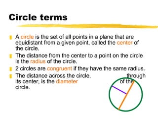 Circle terms A  circle  is the set of all points in a plane that are equidistant from a given point, called the  center  of the circle. The distance from the center to a point on the circle is the  radius  of the circle. 2 circles are  congruent  if they have the same radius. The distance across the circle,  through its center, is the  diameter   of the circle. 