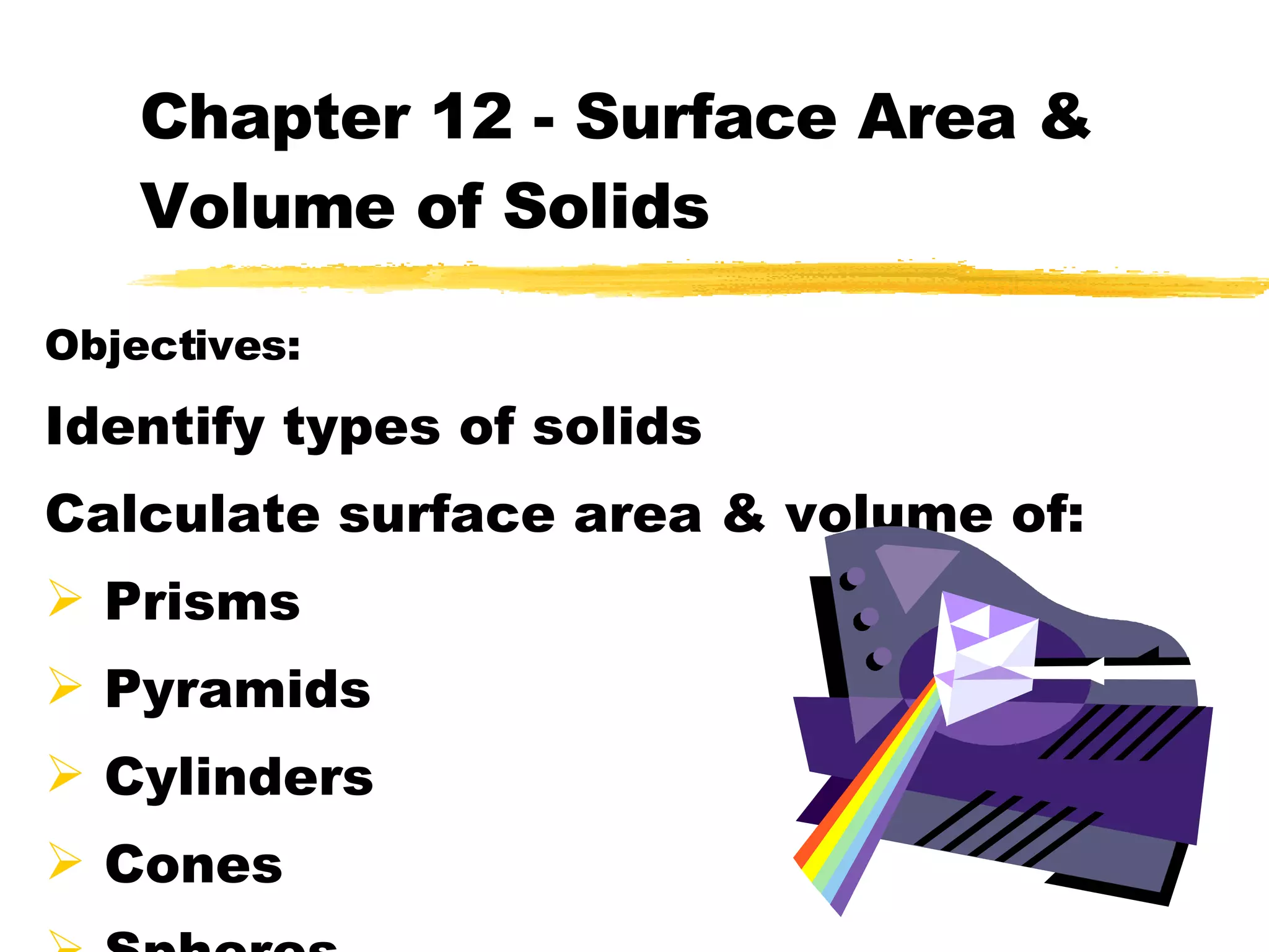 Chapter 12 - Surface Area & Volume of Solids Objectives: Identify types of solids Calculate surface area & volume of: Prisms Pyramids Cylinders Cones Spheres 