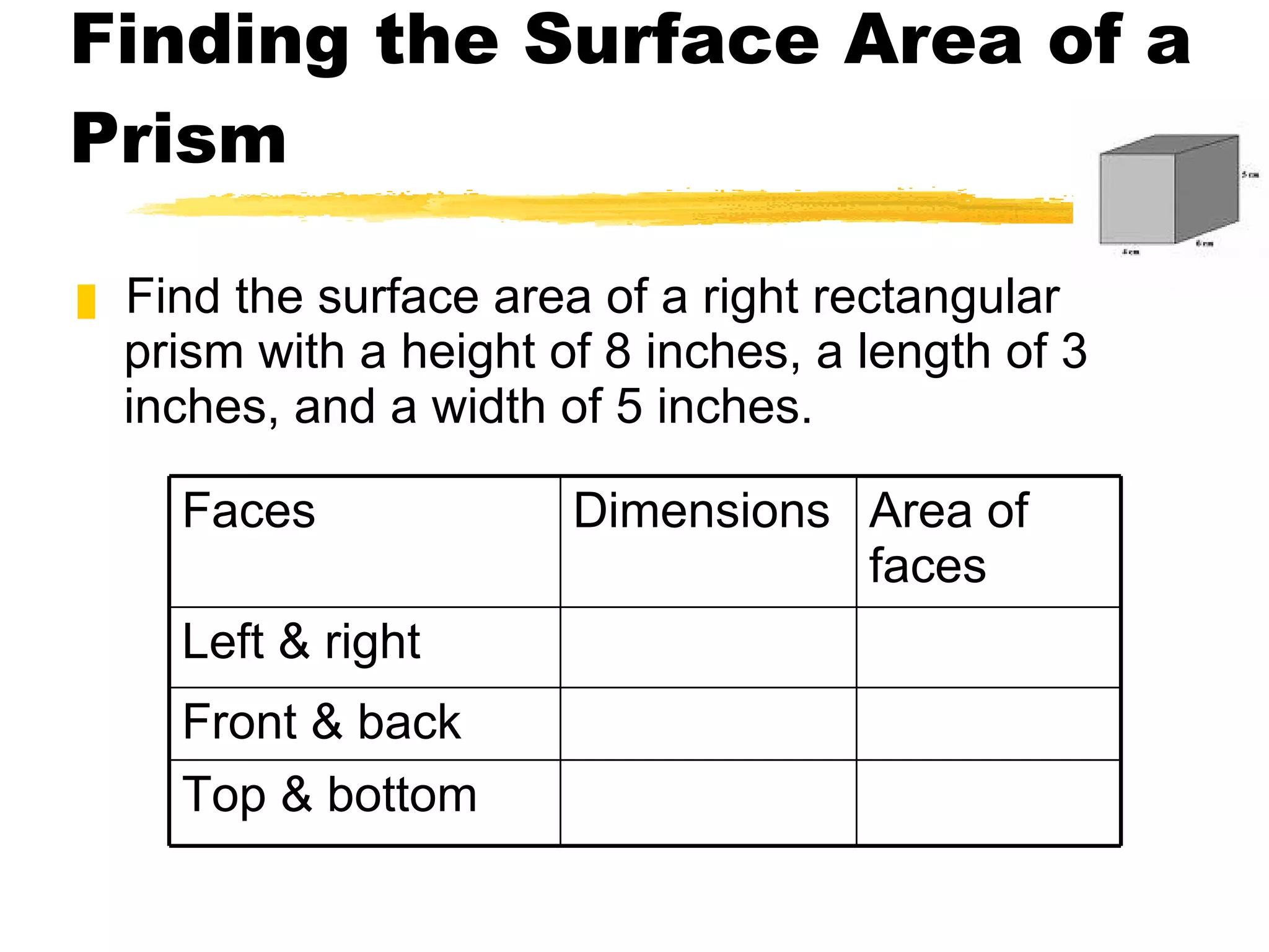Finding the Surface Area of a Prism Find the surface area of a right rectangular prism with a height of 8 inches, a length of 3 inches, and a width of 5 inches. Faces Dimensions Area of faces Left & right Front & back Top & bottom 