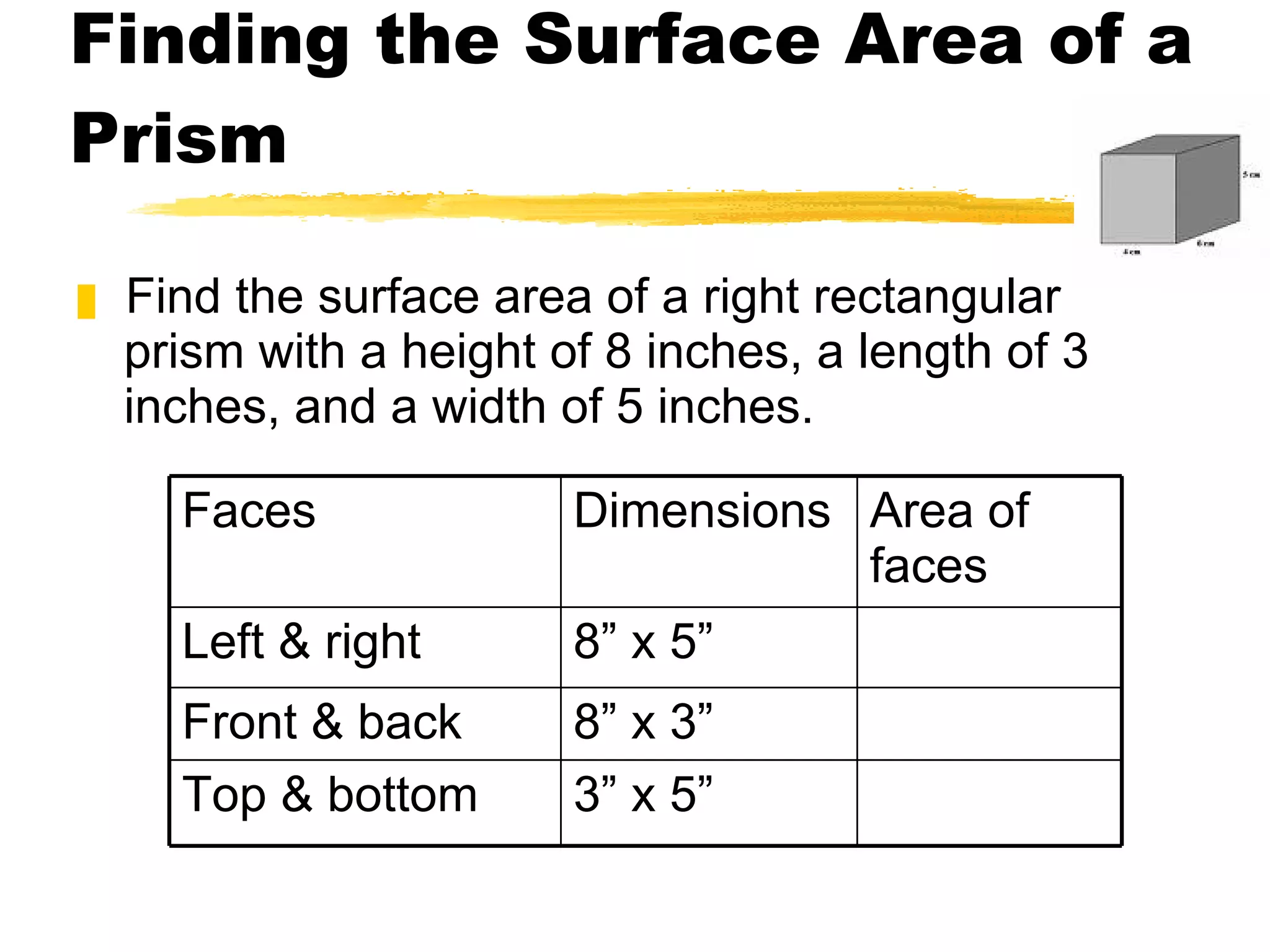 Finding the Surface Area of a Prism Find the surface area of a right rectangular prism with a height of 8 inches, a length of 3 inches, and a width of 5 inches. Faces Dimensions Area of faces Left & right 8” x 5” Front & back 8” x 3” Top & bottom 3” x 5” 