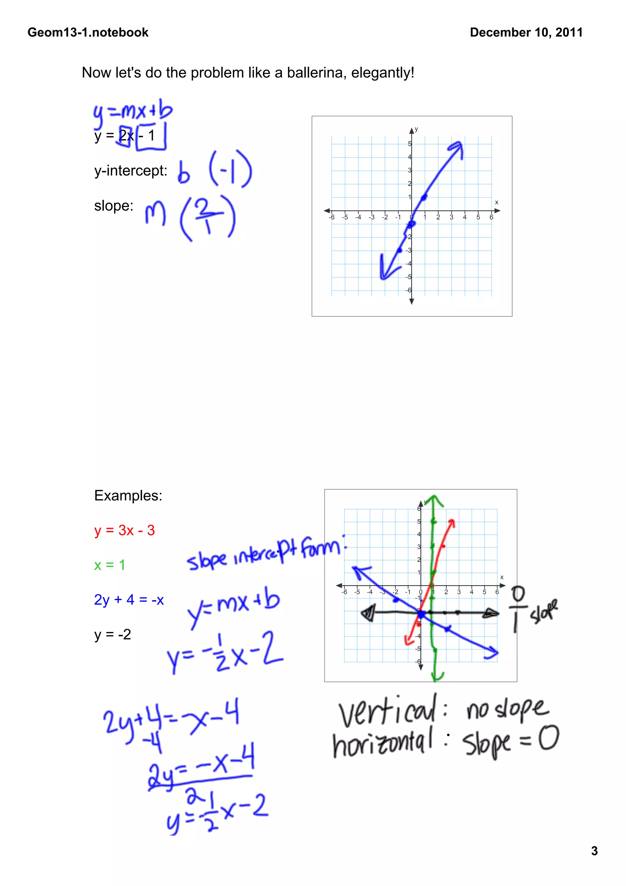 Geom13­1.notebook                                                                                                   December 10, 2011


       Now let's do the problem like a ballerina, elegantly!


                                                                                  y
         y = 2x ­ 1                                                          5
                                                                             4

         y­intercept:                                                        3
                                                                             2
                                                                             1
                                                                                                                                    x
         slope:
                                              ­6   ­5   ­4   ­3   ­2    ­1    0         1       2       3       4       5       6
                                                                             ­1
                                                                             ­2
                                                                             ­3
                                                                             ­4
                                                                             ­5
                                                                             ­6




         Examples:                                                                      y
                                                                                  6
                                                                                  5
         y = 3x ­ 3                                                               4
                                                                                  3
                                                                                  2
         x = 1                                                                    1
                                                                                                                                        x

                                                   ­6   ­5   ­4   ­3   ­2    ­1     0       1       2       3       4       5       6
         2y + 4 = ­x                                                              ­1
                                                                                  ­2
                                                                                  ­3

         y = ­2                                                                   ­4
                                                                                  ­5
                                                                                  ­6




                                                                                                                                            3
 