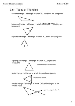 Geom3­6Student.notebook                                                                   October 18, 2011



       3.6 ­ Types of Triangles
         scalene triangle ­ a triangle in which NO two sides are congruent




         isosceles triangle ­ a triangle in which AT LEAST TWO sides are 
         congruent




         equilateral triangle ­ a triangle in which ALL sides are congruent




         equiangular triangle ­ a triangle in which ALL angles are 
         congruent
                                             (label the triangle to fit the definition)




         acute triangle ­ a triangle in which ALL angles are acute

                                 60   This is just one example.
                          50
                                70

         obtuse triangle ­ a triangle in which ONE of the angles is an 
         obtuse angle

                                                          angle measure greater than 90




                                                                                                             1
 