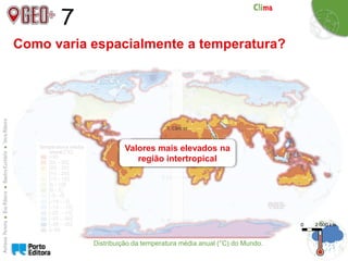 7
Distribuição da temperatura média anual (°C) do Mundo.
Como varia espacialmente a temperatura?
Diminui com o
aumento da latitude
Valores mais baixos
nas regiões polares
Valores mais elevados na
região intertropical
 