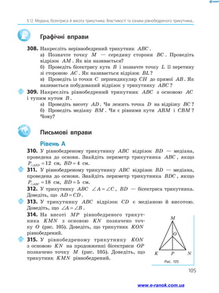 105
§ 12. Медіана, бісектриса й висота трикутника. Властивості та ознаки рівнобедреного трикутника...
		Графічні вправи
308.	Накресліть нерівнобедрений трикутник ABC .
а)	 Позначте точку M — середину сторони BC . Проведіть
відрізок AM . Як він називається?
б)	 Проведіть бісектрису кута B і позначте точку L її перетину
зі стороною AC . Як називається відрізок BL ?
в)	 Проведіть із точки C перпендикуляр CH до прямої AB. Як
називається побудований відрізок у трикутнику ABC ?
	309.	Накресліть рівнобедрений трикутник ABC з основою AC
і тупим кутом B .
а)	 Проведіть висоту AD . Чи лежить точка D на відрізку BC ?
б)	 Проведіть медіану BM . Чи є рівними кути ABM і CBM ?
Чому?
Aa 		Письмові вправи
	Рівень А
310.	 У рівнобедреному трикутнику ABC відрізок BD — медіана,
проведена до основи. Знайдіть периметр трикутника ABC , якщо
P ABD
 = 12 см, BD = 4 см.
	311.	У рівнобедреному трикутнику ABC відрізок BD — медіана,
проведена до основи. Знайдіть периметр трикутника BDC , якщо
P ABC
 = 18 см, BD = 5 см.
312.	 У трикутнику ABC ∠ = ∠
A C , BD — бісектриса трикутника.
Доведіть, що AD CD
= .
	313.	У трикутнику ABC відрізок CD є медіаною й висотою.
Доведіть, що ∠ = ∠
A B .
314.	 На висоті MP рівнобедреного трикут­
ника KMN з основою KN позначено точ­
ку O (рис. 105). Доведіть, що трикутник KON
рівнобедрений.
	315.	У рівнобедреному трикутнику KON
з основою KN на продовженні бісектриси OP
позначено точку M (рис. 105). Доведіть, що
трикутник KMN рівнобедрений.
Рис. 105
N
P
K
M
O
www.e-ranok.com.ua
 